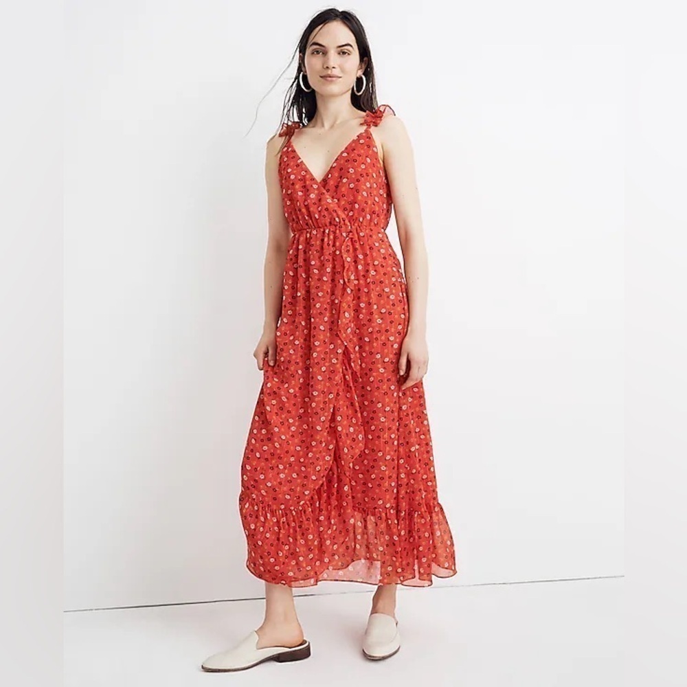 Madewell Ruffle-Strap Wrap Dress Metallic-Striped Prairie Posies Wedding Guest